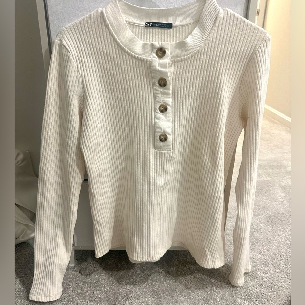 Zara Cream Ribbed Henley Long Sleeve Top